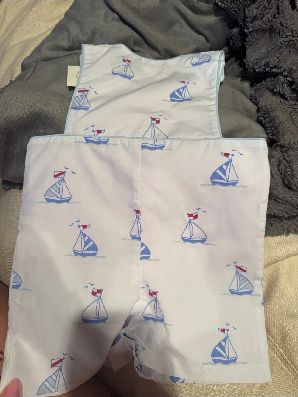 The Beaufort Bonnet Company White Baby One-Piece with Blue & Red Sailboat Print
